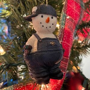 Snowman in Blue Jean Overalls with Baseball Cap Christmas Ornament